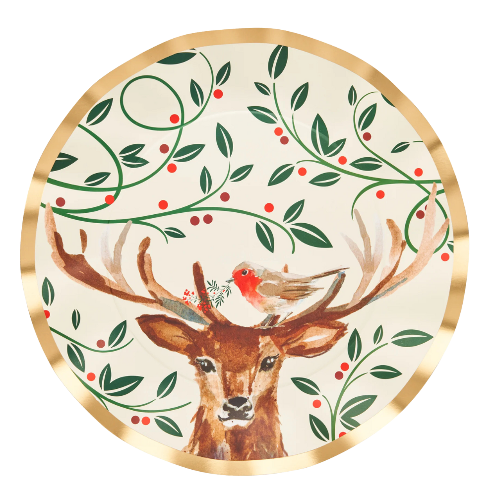 Christmas Forest Dinner Plate with deer and bird illustration, perfect for festive dining. Package includes eight plates designed for holiday warmth.