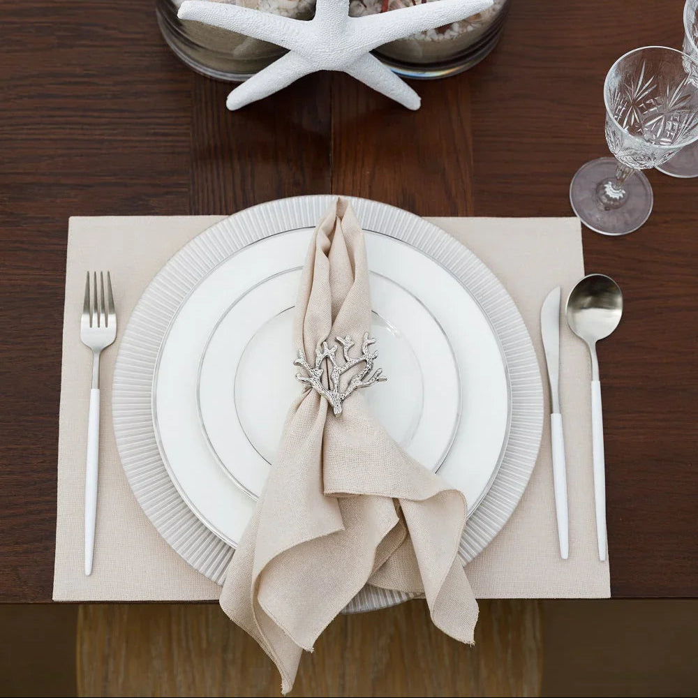 Modern China Silver Rim Plates elegantly set on a table, accompanied by candles and wine glasses, ideal for upscale events and functions.