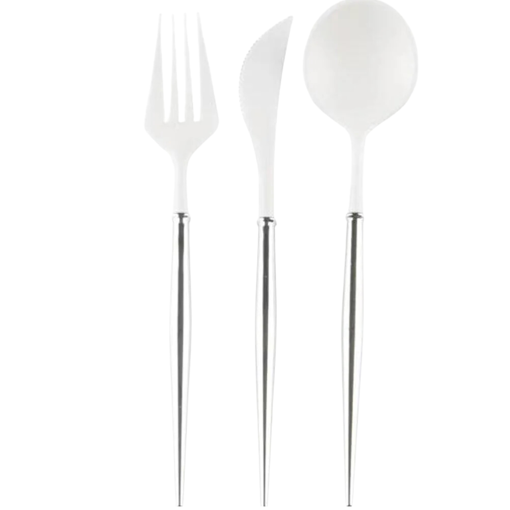 Bella Cutlery in White and Silver: sleek disposable plastic spoon, fork, and knife set, perfect for elevating any table setting at parties or events.