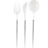 Bella Cutlery in White and Silver: sleek disposable plastic spoon, fork, and knife set, perfect for elevating any table setting at parties or events.