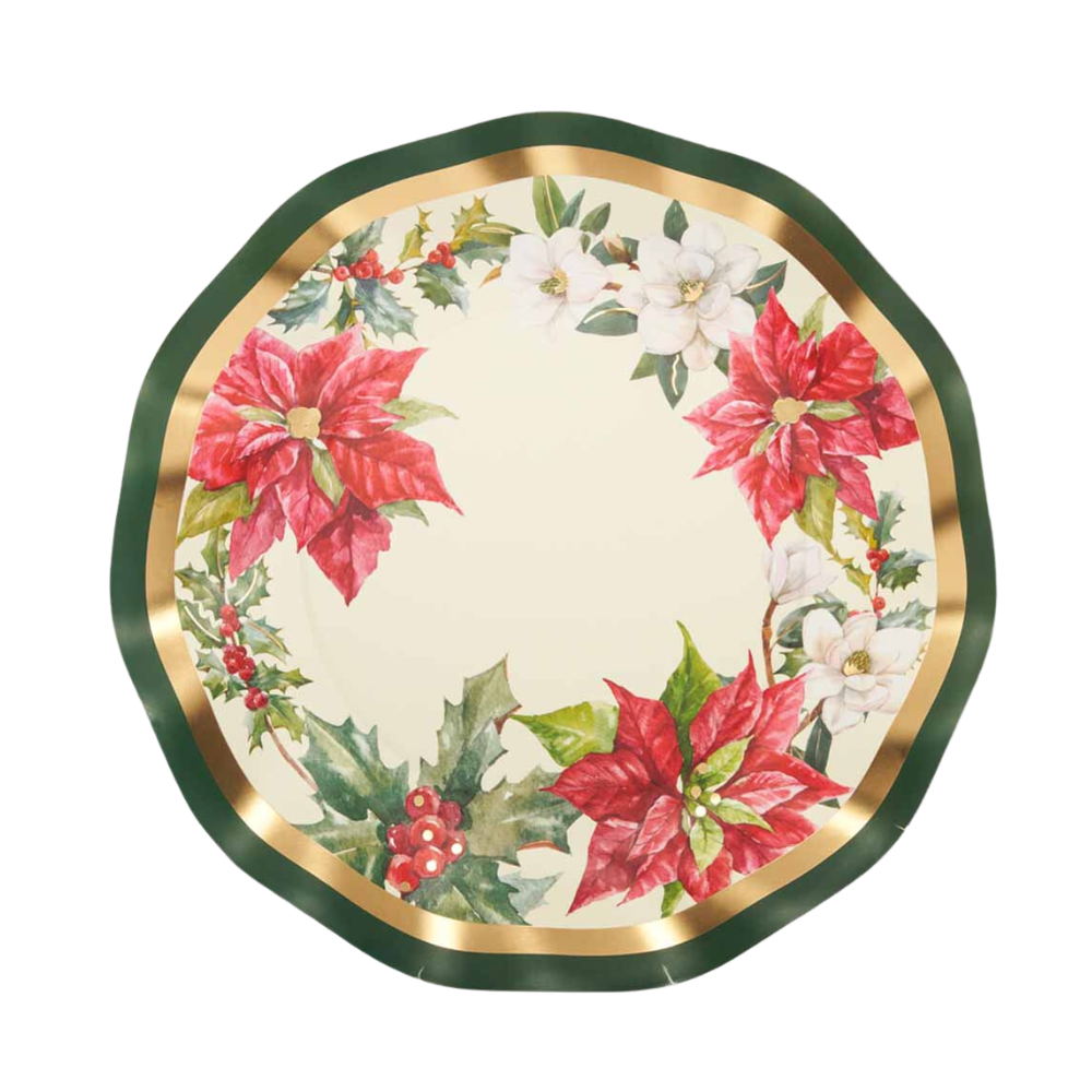 Evergreen Floral Salad Plate with intricate flower and leaf design, ideal for adding a festive touch to any dining occasion. Available in packages of eight.