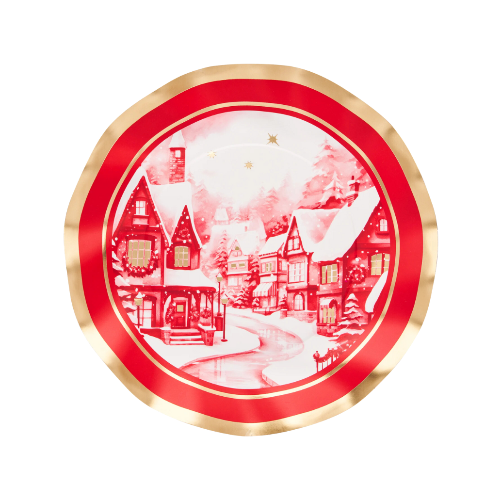 Christmas Village Salad Plate featuring a painted village scene with houses and trees, ideal for festive gatherings. Pack of 8 plates, perfect for holiday occasions.