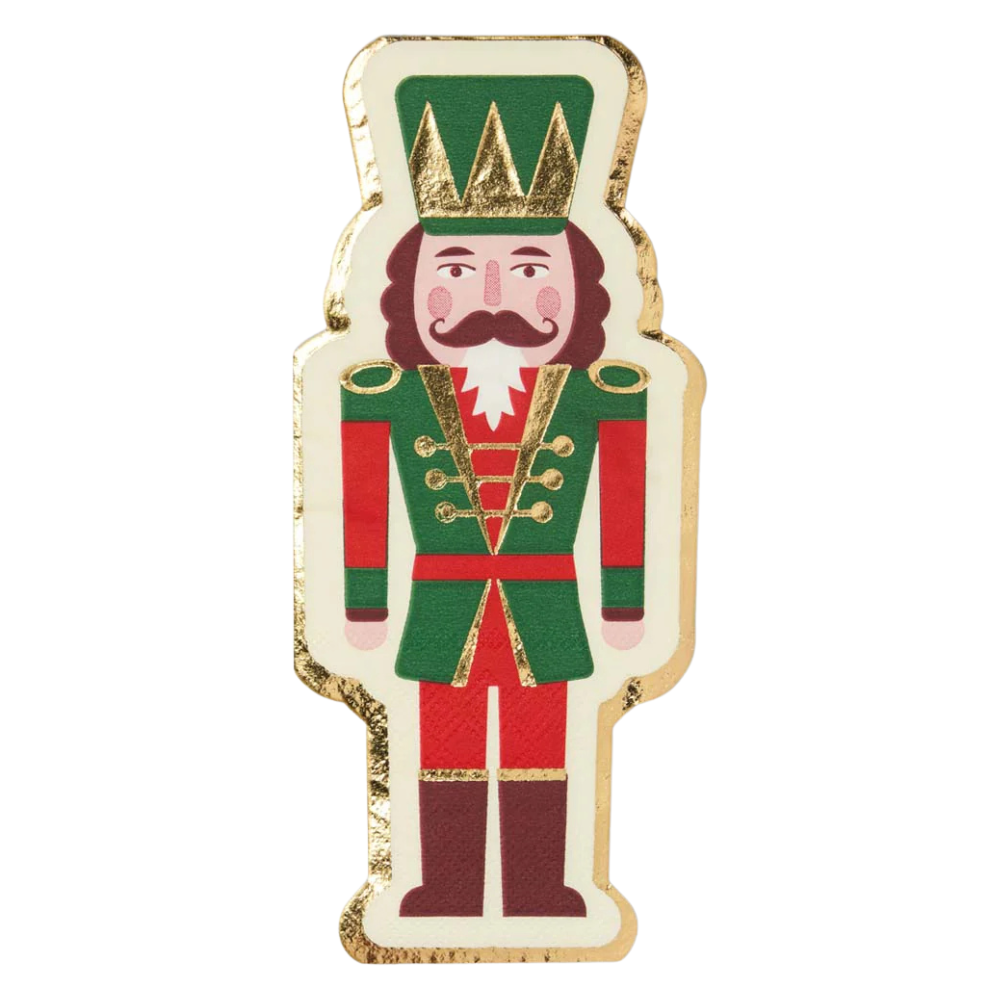 Nutcracker Forest Guest Towel Napkins, featuring a festive nutcracker design with a crown and mustache, perfect for enhancing holiday event decor. Package includes 16 napkins.