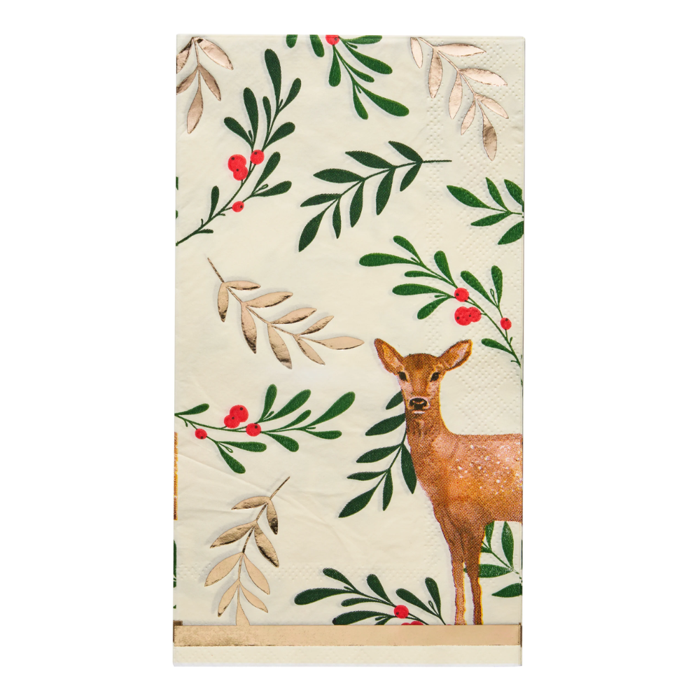 Christmas Forest Guest Towel Napkins with a deer and leaves design, 20 per package, adding elegance to holiday settings.
