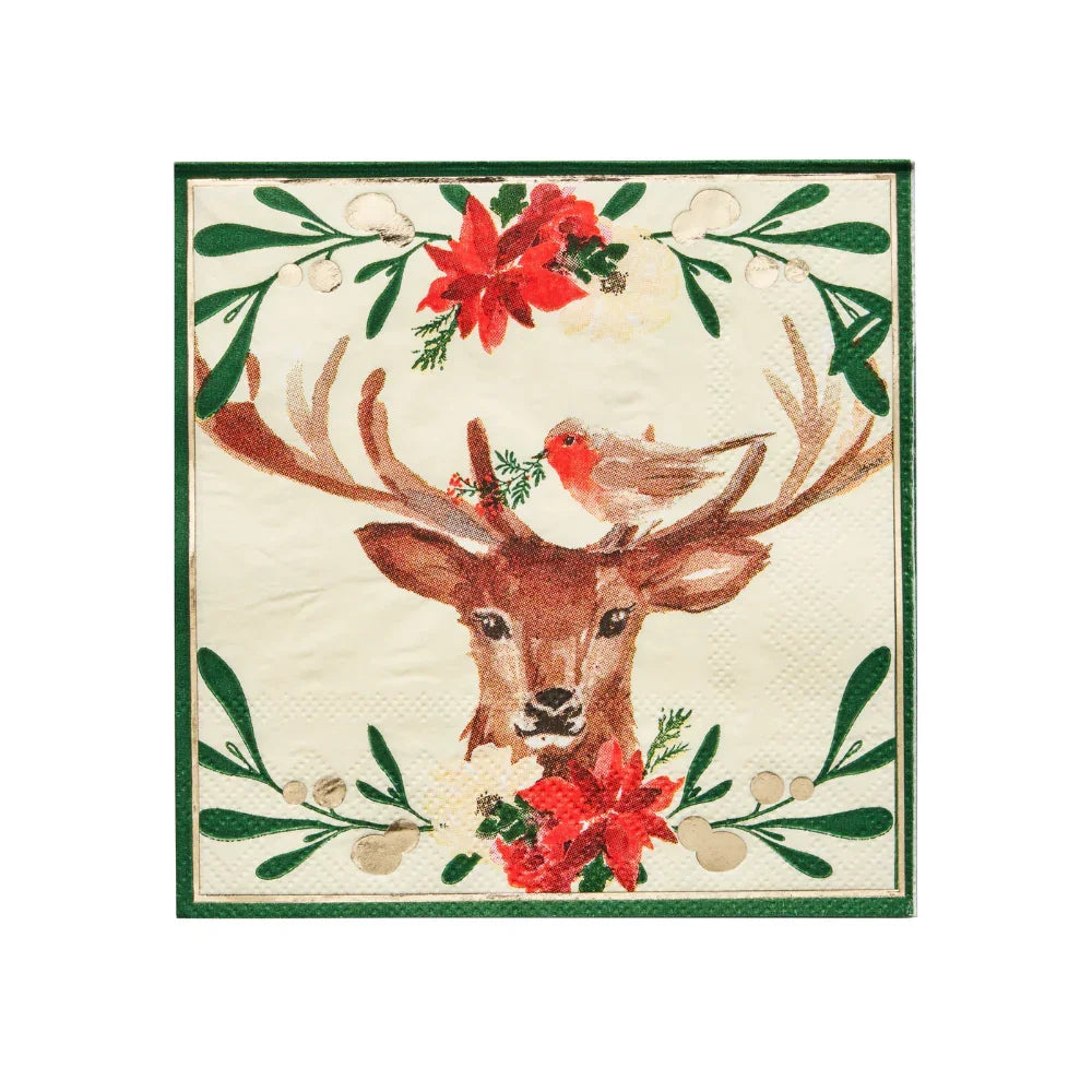 Christmas Forest Cocktail Napkins featuring a deer and bird design, ideal for adding a festive touch to holiday parties. Comes in a package of 20.