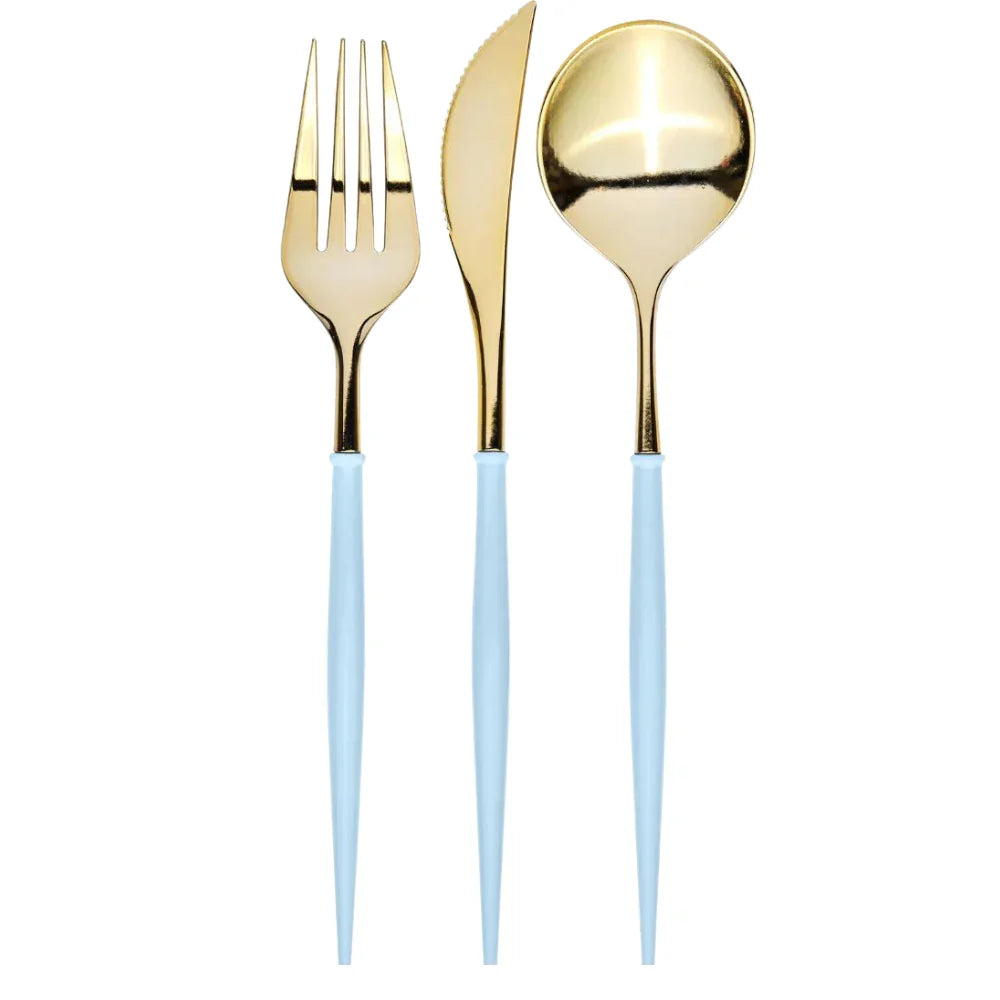 Bella Cutlery in Gold and Sky Blue, featuring a sophisticated set of fork, spoon, and knife, perfect for enhancing elegant dining experiences.