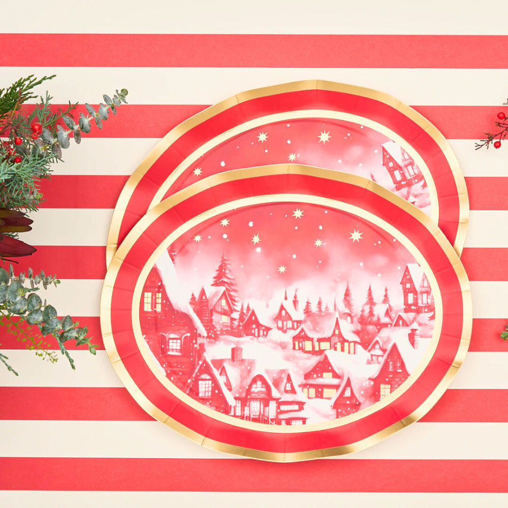 Christmas Village Dinner Plate featuring a snow-covered village, ideal for adding festive warmth to holiday dining. Sold as a set of eight.