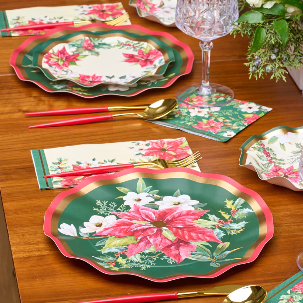 Evergreen Floral Dinner Plate set of 8, featuring a nature-inspired design, perfect for elevating holiday meals. Ideal for events and gatherings from Party Social.