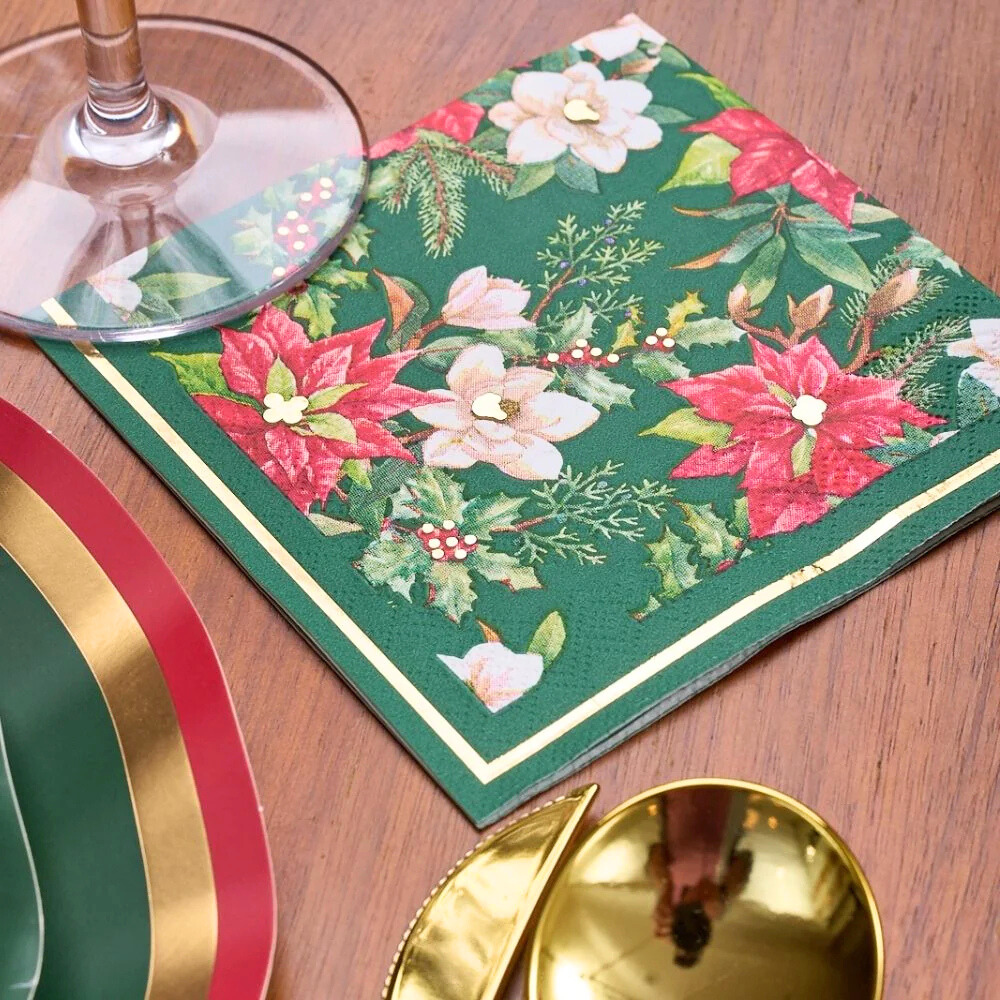 Evergreen Floral Cocktail Napkins on a table with a wine glass, perfect for adding elegance to any event. Pack of 8 from Party Social.