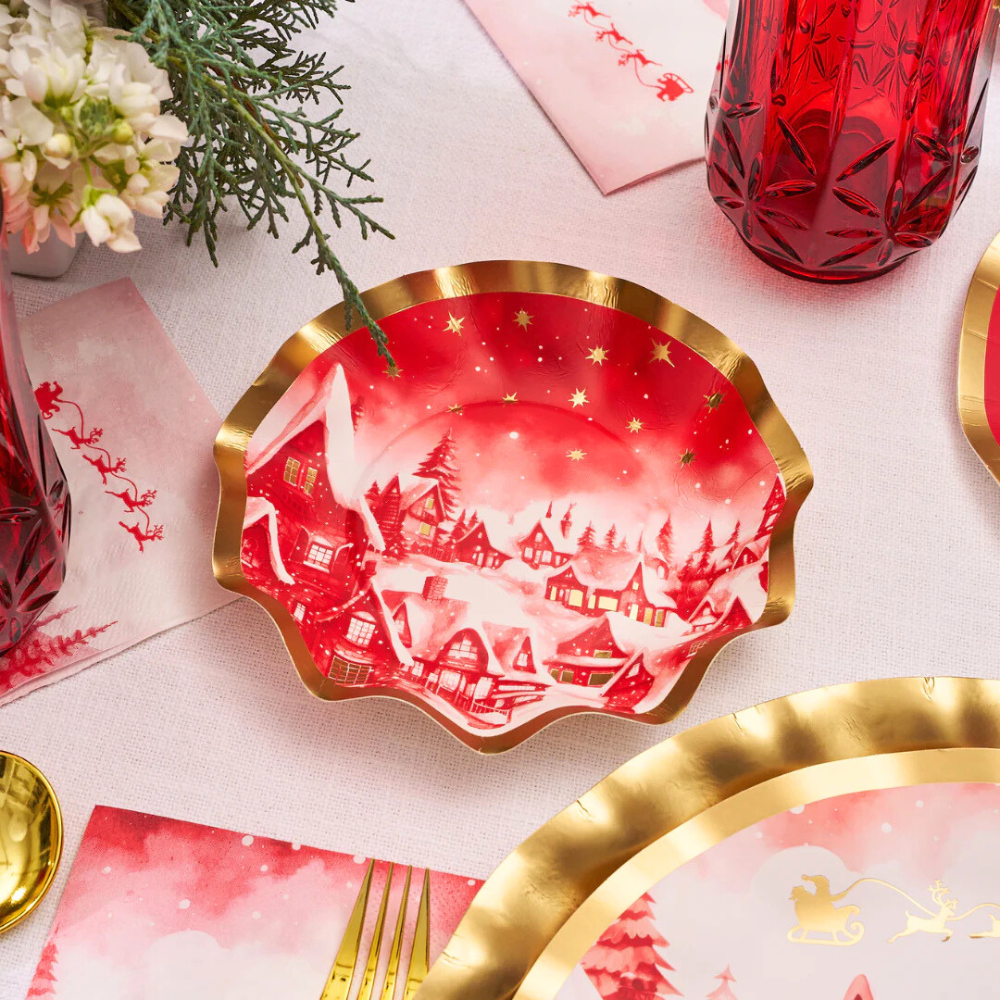 Christmas Village Appetizer & Dessert Bowl, featuring a festive house and snow design, perfect for holiday gatherings. Set includes eight bowls per package.