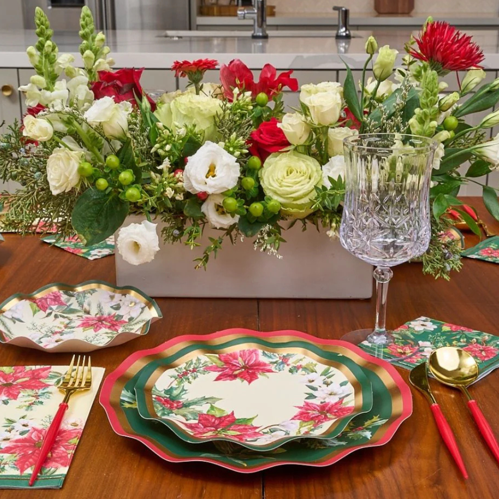 Evergreen Floral Salad Plate set on a table with floral centerpiece, embodying festive dining, available in packages of eight from Party Social.