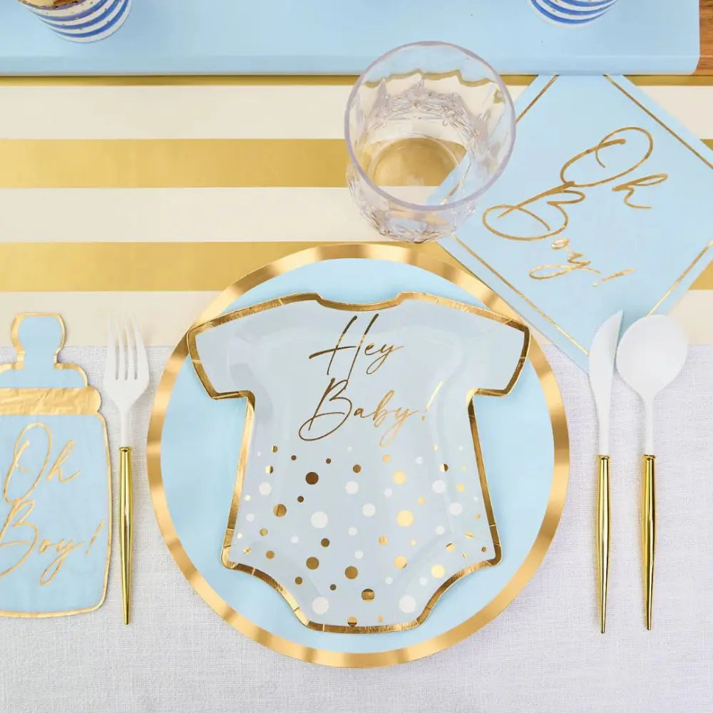 Everyday Sky Blue Dinner Plate styled in a baby-shower setting with Hey Baby! onesie plate, complemented by gold-accented cutlery and matching napkins.