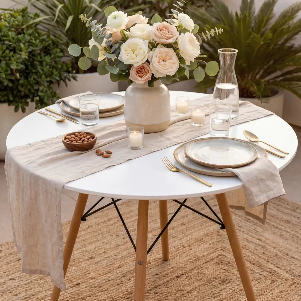 EAMES REPLICA COFFEE TABLE set for two, featuring stoneware plates, gold-tone flatware, and a floral centerpiece, perfect for elegant events.