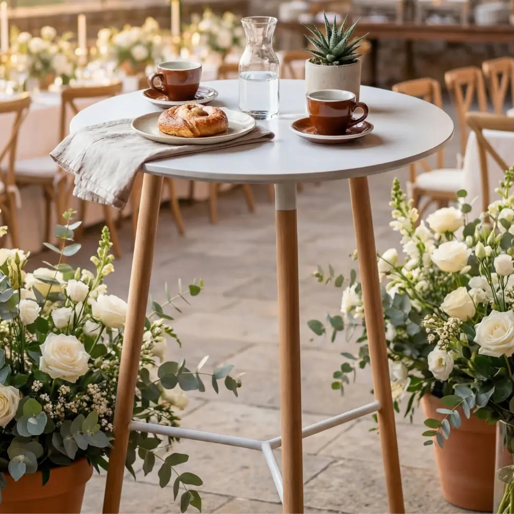 EAMES REPLICA COCKTAIL TABLE set with coffee cups, pastry, and succulent, surrounded by floral arrangements, ideal for event settings.
