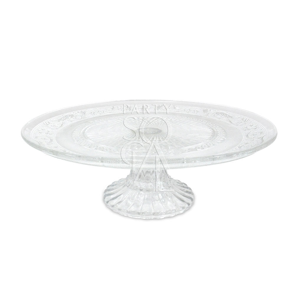 Clear etched glass cake stand on a pedestal, perfect for showcasing cakes or as a centerpiece. Ideal for enhancing any party or event setting.