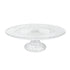 Clear etched glass cake stand on a pedestal, perfect for showcasing cakes or as a centerpiece. Ideal for enhancing any party or event setting.