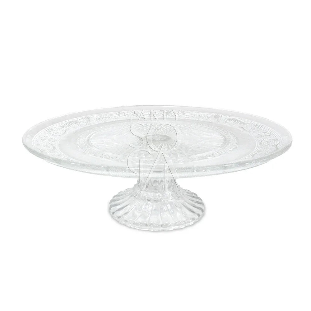 Clear etched glass cake stand on a pedestal, perfect for showcasing cakes or as a centerpiece. Ideal for enhancing any party or event setting.