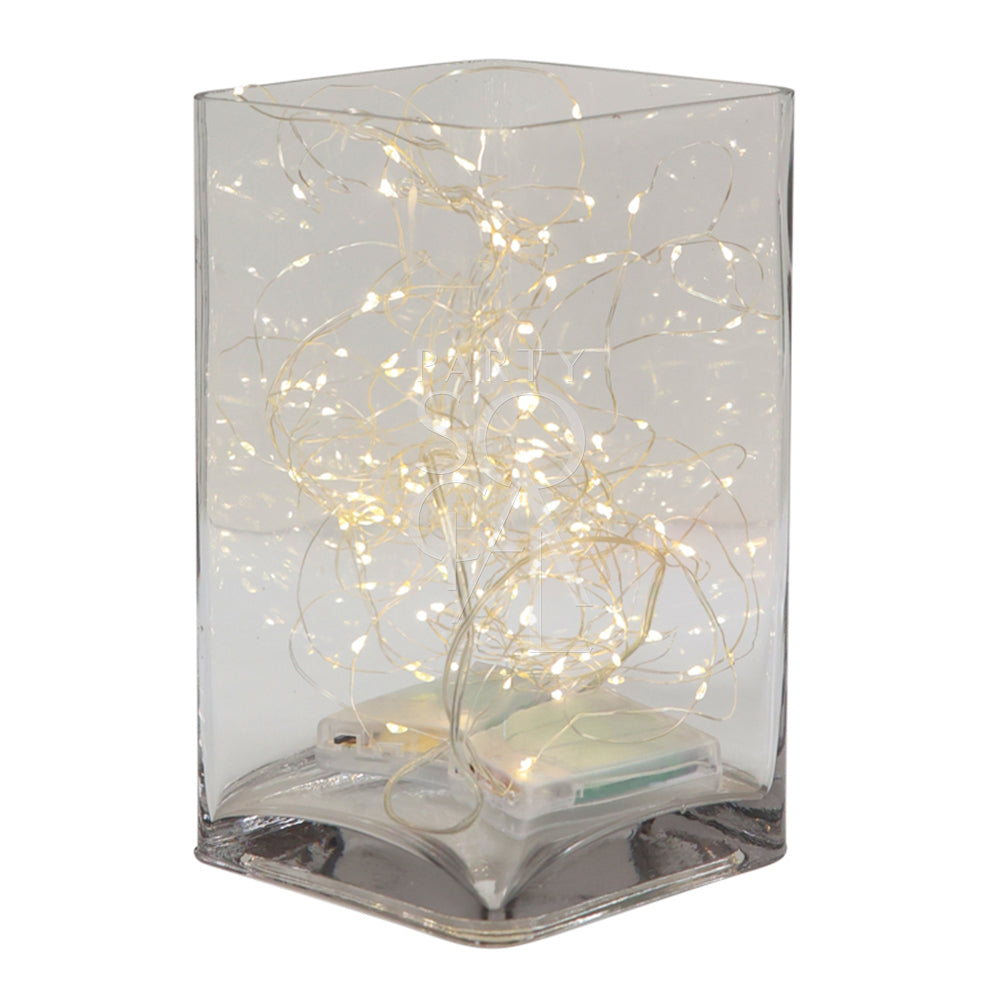 Square glass vase with string lights inside, highlighting its elegant, versatile design for home or event décor; perfect for table or console displays.