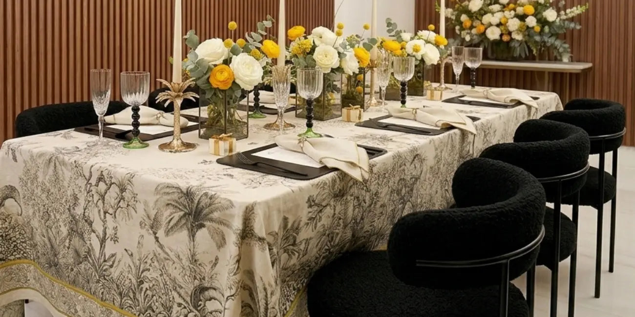 Elegant dining printed tablecloth in a home setting