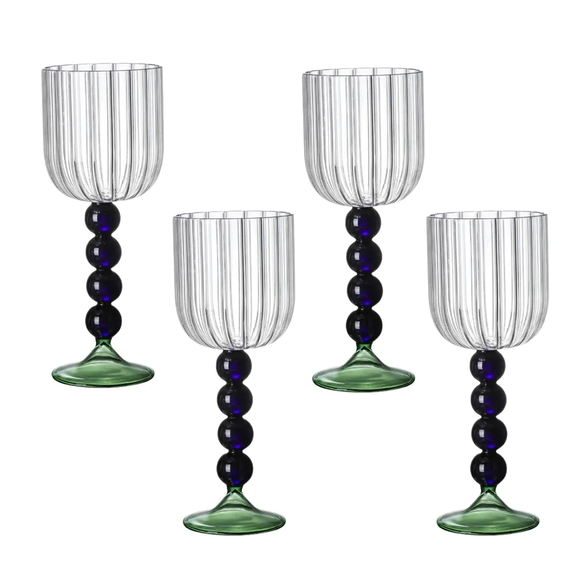 Indigo Bead Stem Glass - Set of 4: Elegant goblets featuring ribbed bowls, indigo beaded stems, and green bases; perfect for stylish entertaining and table settings.