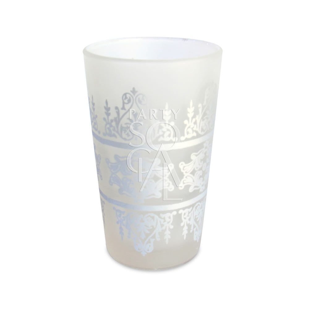Moroccan Tea Glasses with intricate frosted and platinum designs, perfect for elegant party settings. Dimensions: 8.5cm height, 5.2cm diameter.