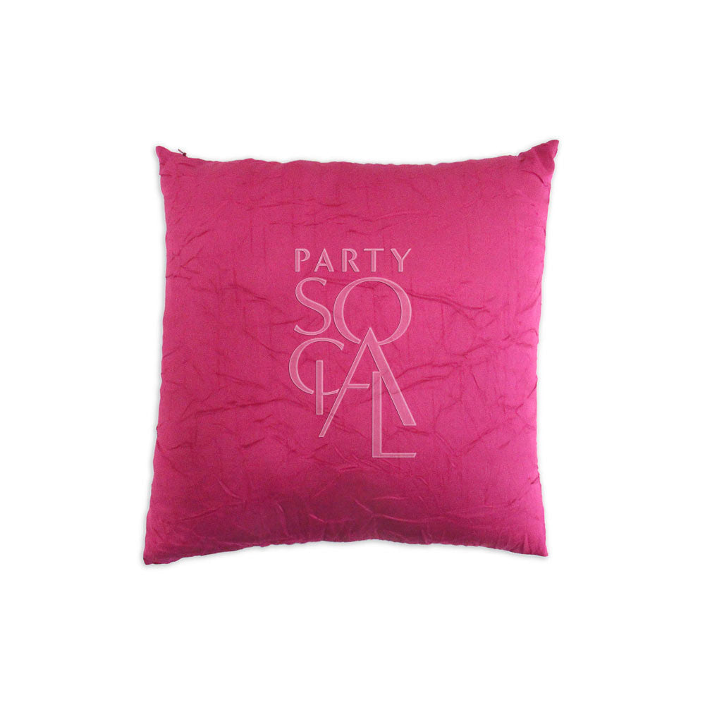 CUSHION CRINKLED DESIGN: a stylish, soft pink pillow with white text, featuring a crinkled texture, ideal for adding a chic touch to party decor.
