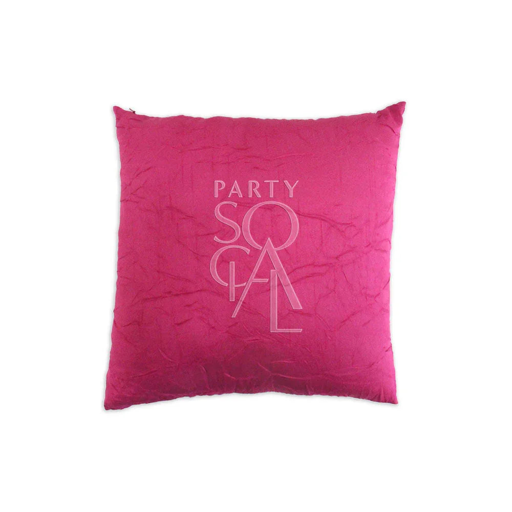CUSHION CRINKLED DESIGN: a stylish, soft pink pillow with white text, featuring a crinkled texture, ideal for adding a chic touch to party decor.