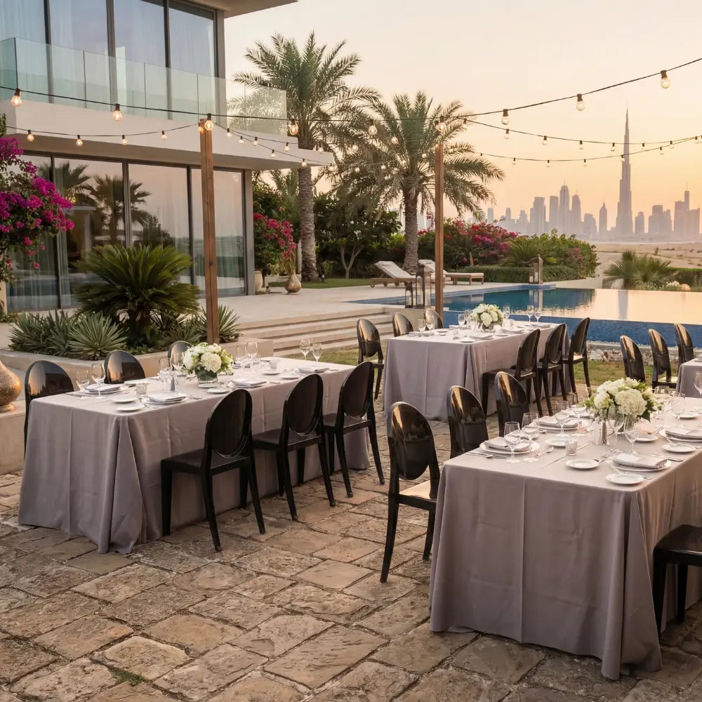 GHOST CHAIR W/O ARMS (VICTORIA) elegantly surrounds tables on a stone terrace, enhancing an al-fresco dining setup with modern sophistication under string lights.