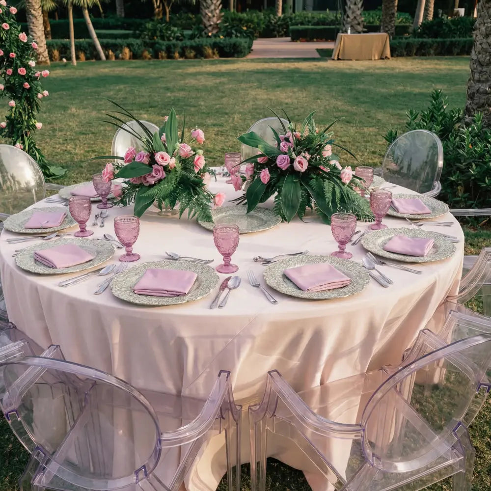 Round banquet table with blush-pink tablecloth, set for eight with charger plates, pink goblets, and silver flatware, featuring Ghost Chair with Arms (Louis) around it.