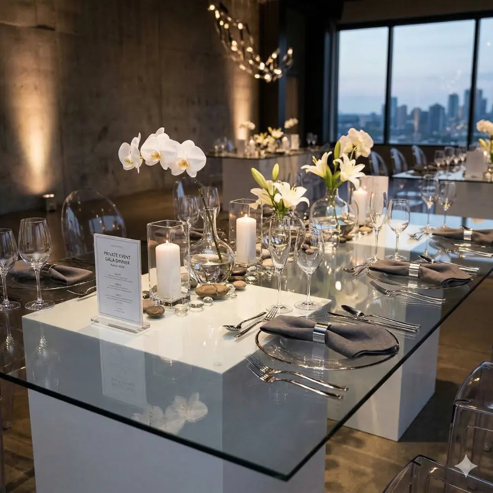 GLASS DINING TABLE with white pedestals, elegantly set for a gala dinner with glassware, floral arrangements, and ghost chairs, perfect for events.