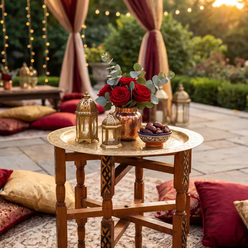 Moroccan Folding Table with brass top, surrounded by roses, lanterns, and dates, creating a cozy, inviting lounge scene with rugs and cushions.