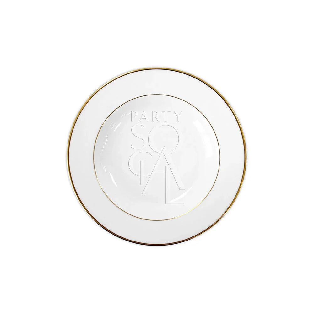 MODERN CHINA W/ GOLD RIM PLATES, elegantly designed for premium events, featuring a sleek gold-rimmed design. Available in various sizes for versatile table settings.