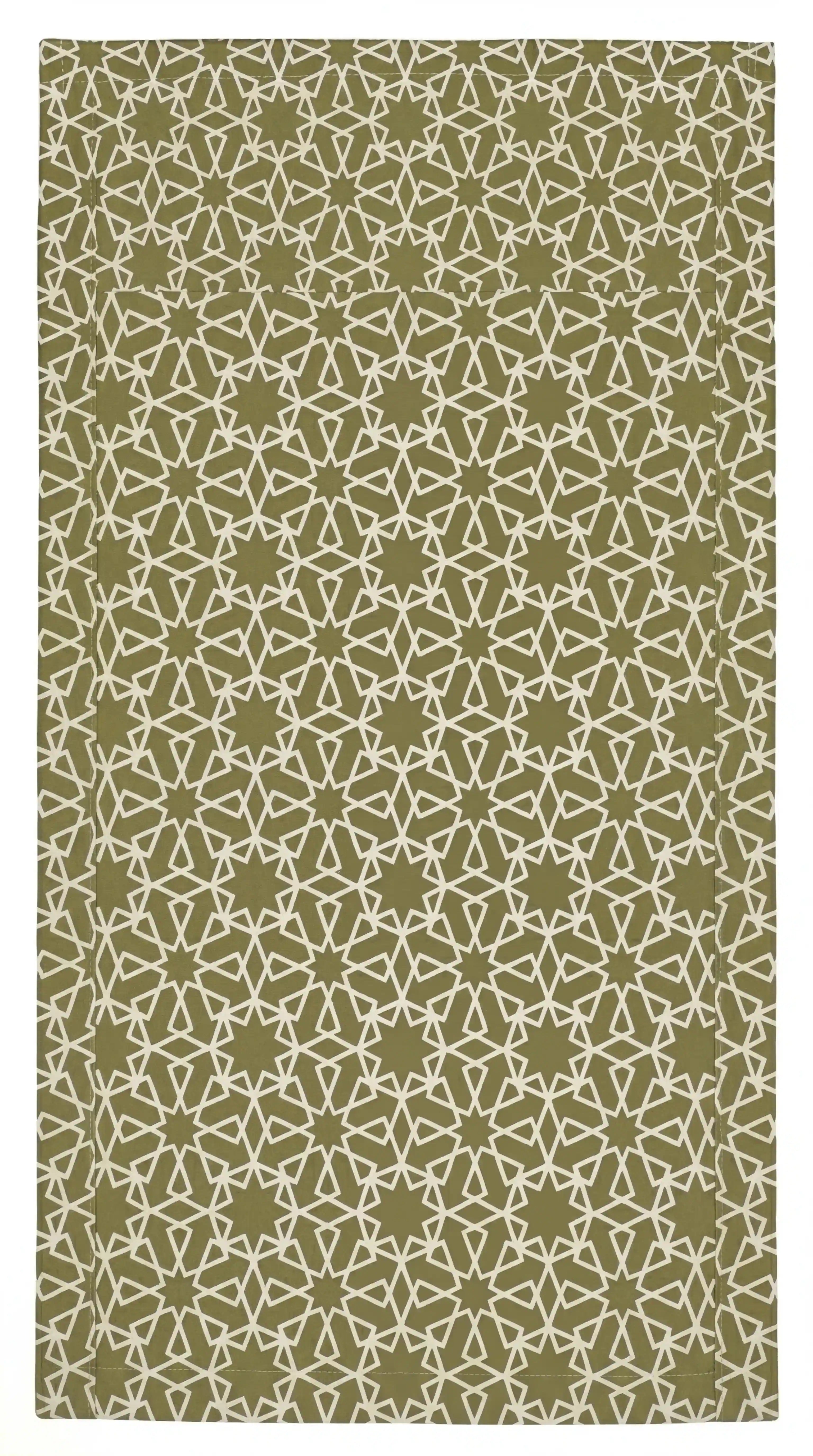 Sahara Geo Linen Tablecloth with olive base and ivory geometric pattern, ideal for stylish dining settings, available at Party Social for versatile event table arrangements.