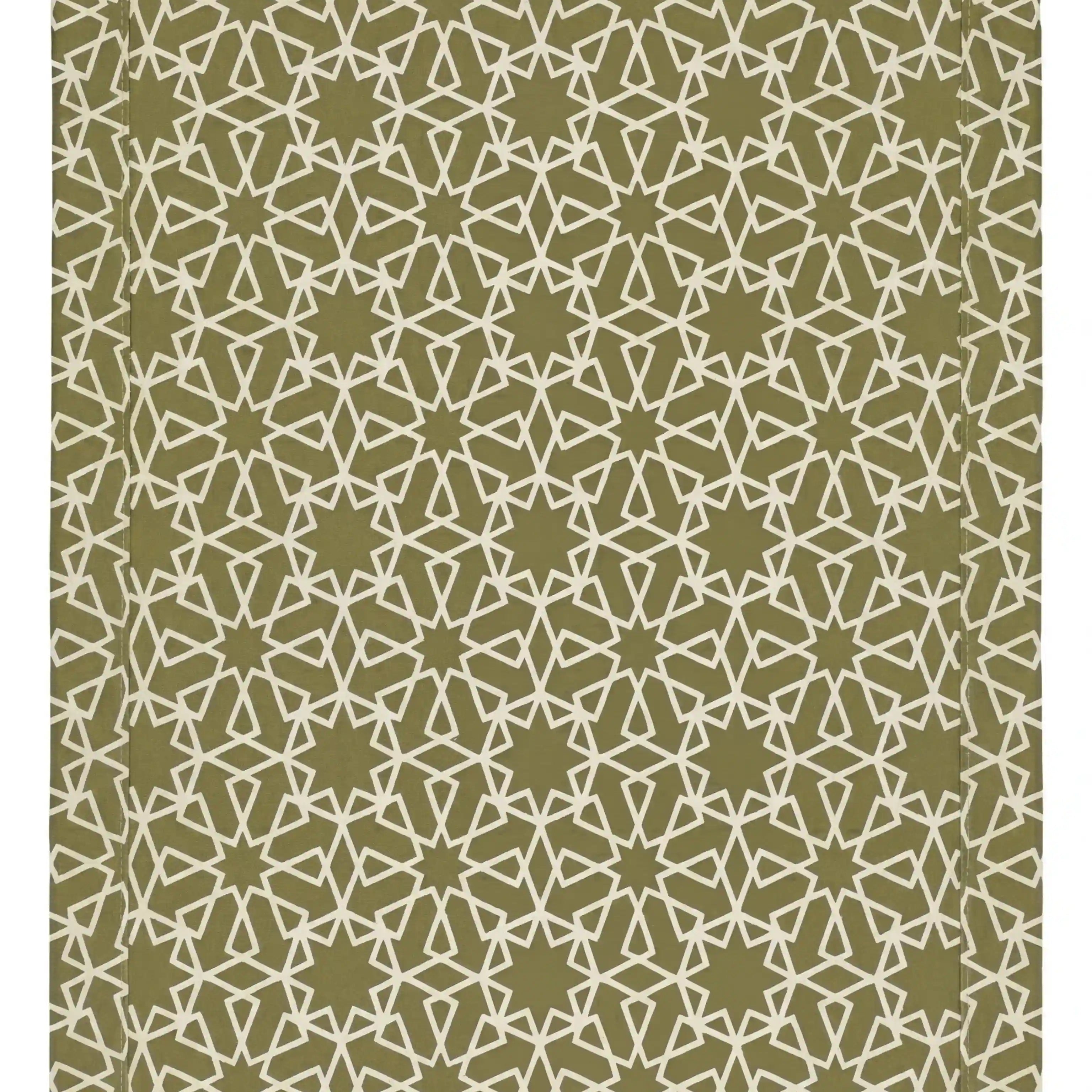 Sahara Geo Linen Tablecloth with olive base and ivory geometric pattern, ideal for stylish dining settings, available at Party Social for versatile event table arrangements.