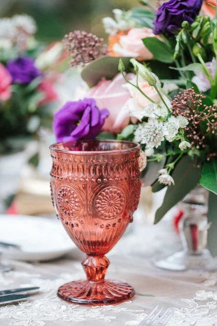 Green Vintage Floral Goblet on lace-covered table with elegant place setting and floral centerpiece, perfect for enhancing table decor at weddings or special events.