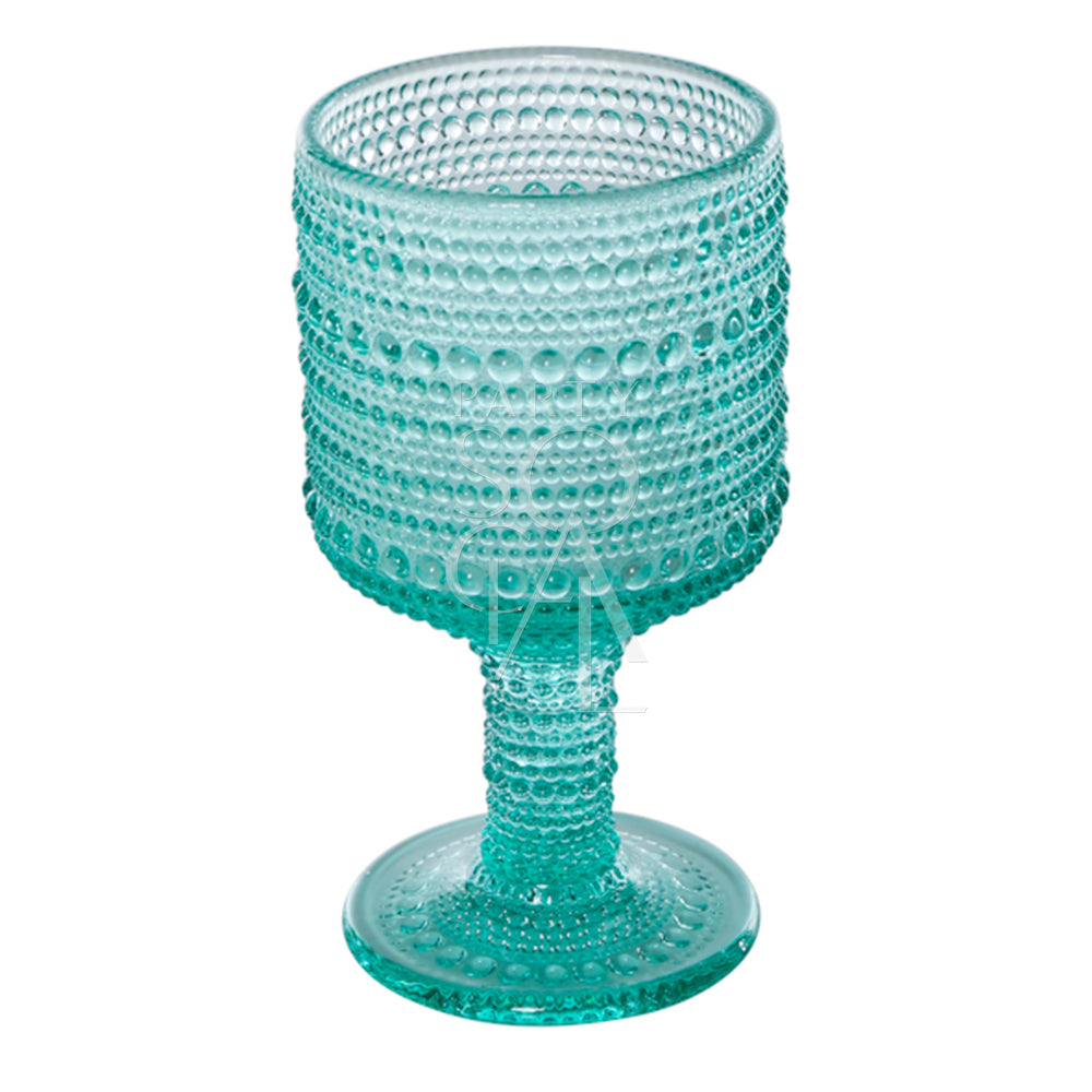 Vintage Pearl Glasses: Close-up of a blue glass goblet with bubbles, perfect for enhancing modern or casual table settings at events or dinner parties.