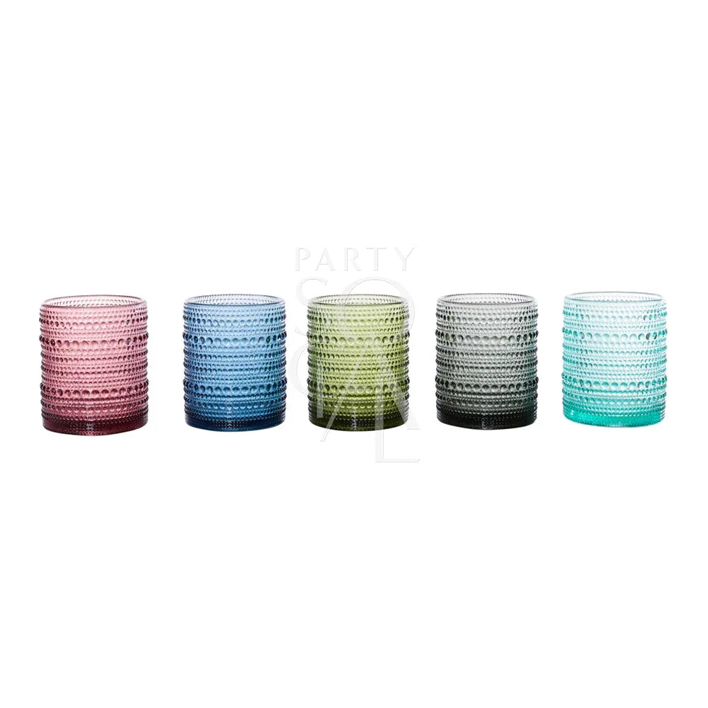 Olive Green Vintage Pearl Tumbler with hobnail texture, part of a set of five glass tumblers, ideal for elegant event settings.