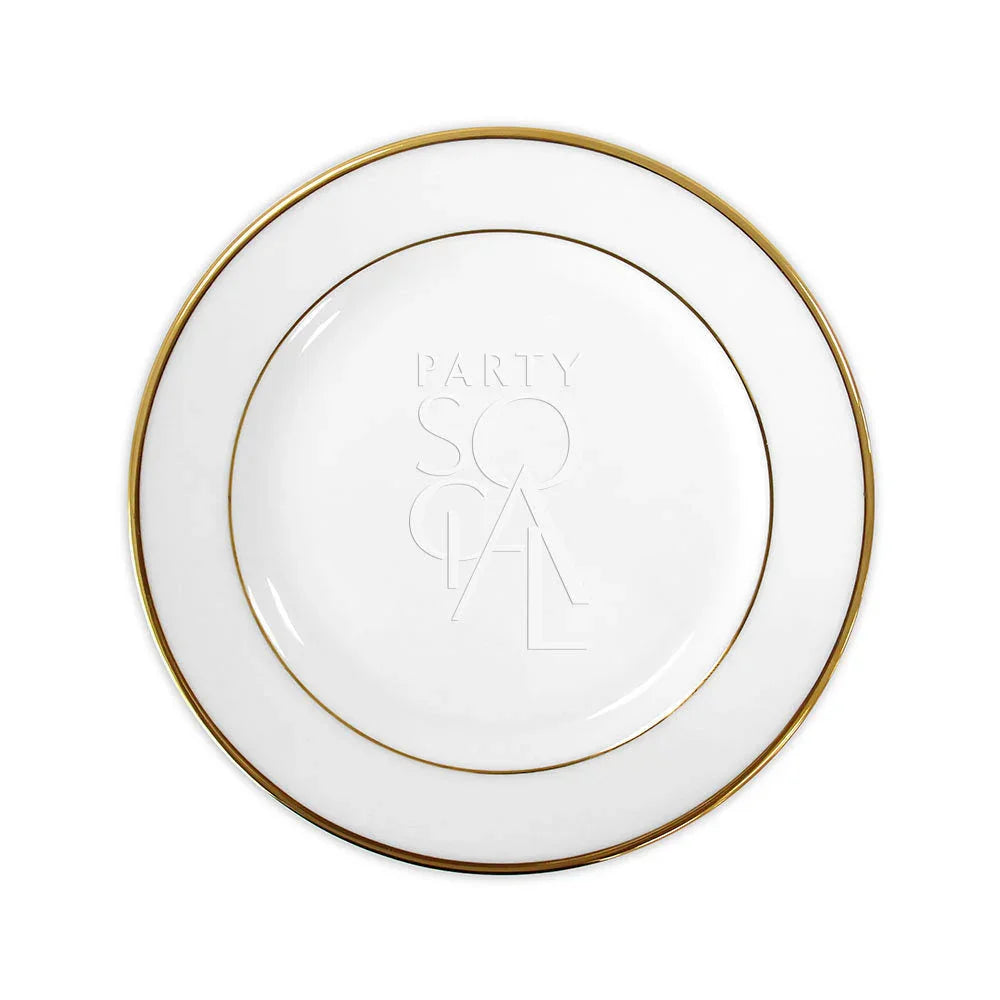 MODERN CHINA W/ GOLD RIM PLATE on a white background, ideal for premium events and functions, available in various sizes for diverse table settings.