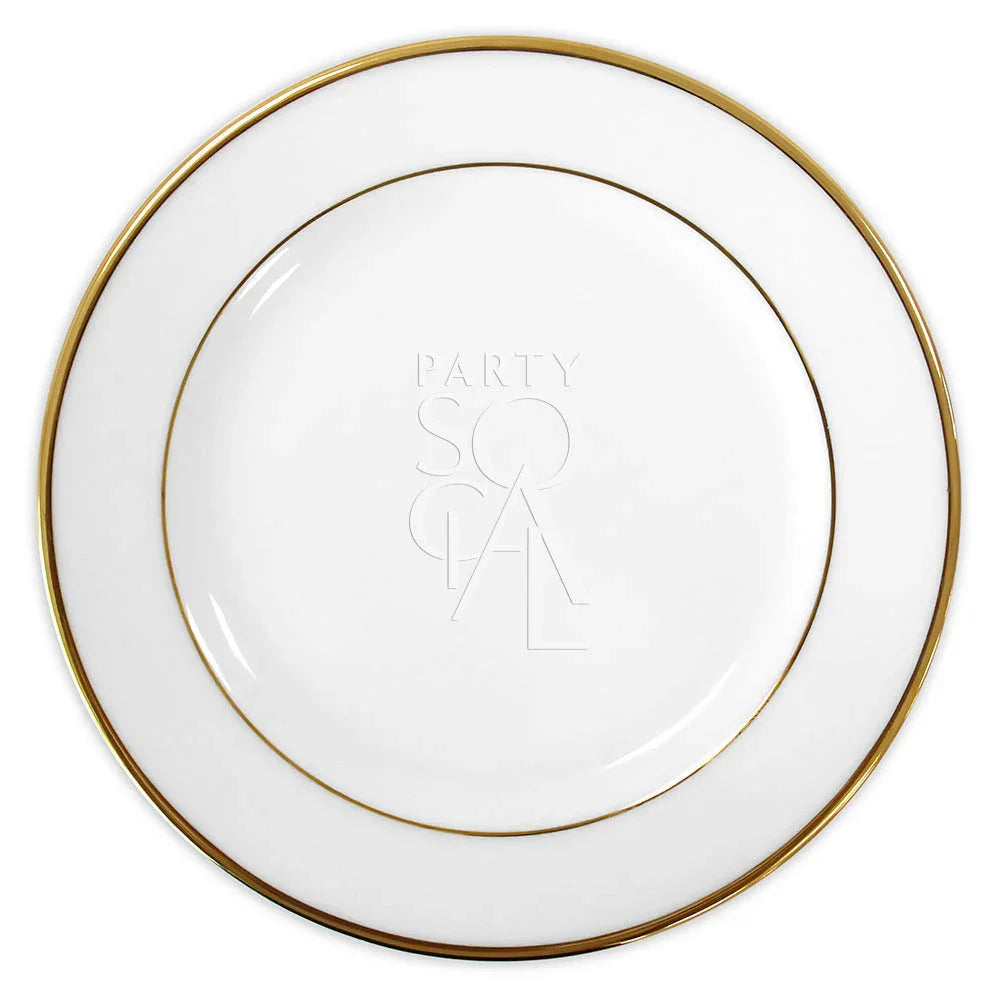 MODERN CHINA W/ GOLD RIM PLATES displayed on a white backdrop, perfect for upscale events and functions, featuring a sleek, circular design from Party Social.