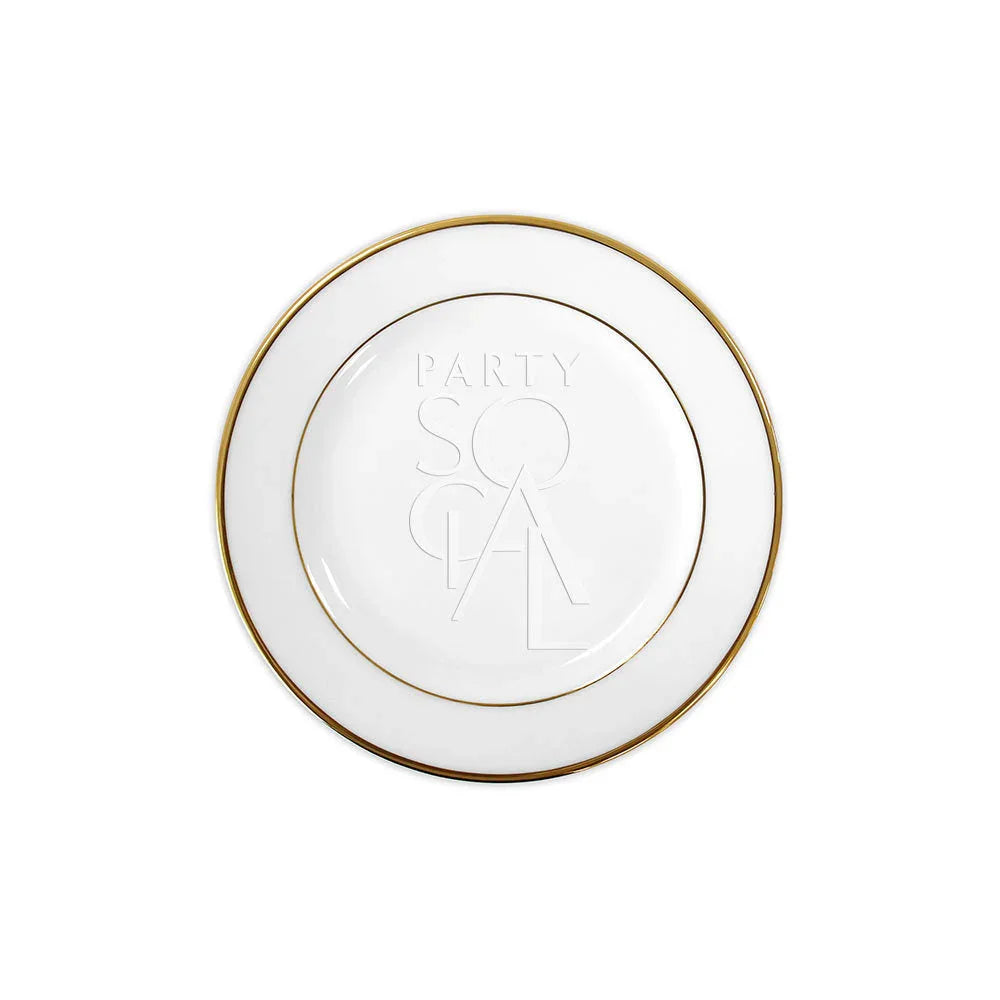 Modern China with Gold Rim Plates, ideal for premium events, features a white plate with a gold rim, available in various sizes for versatile table settings.