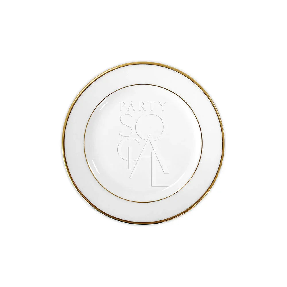 MODERN CHINA W/ GOLD RIM PLATES on display, featuring a white plate with a gold rim, ideal for premium events and functions.