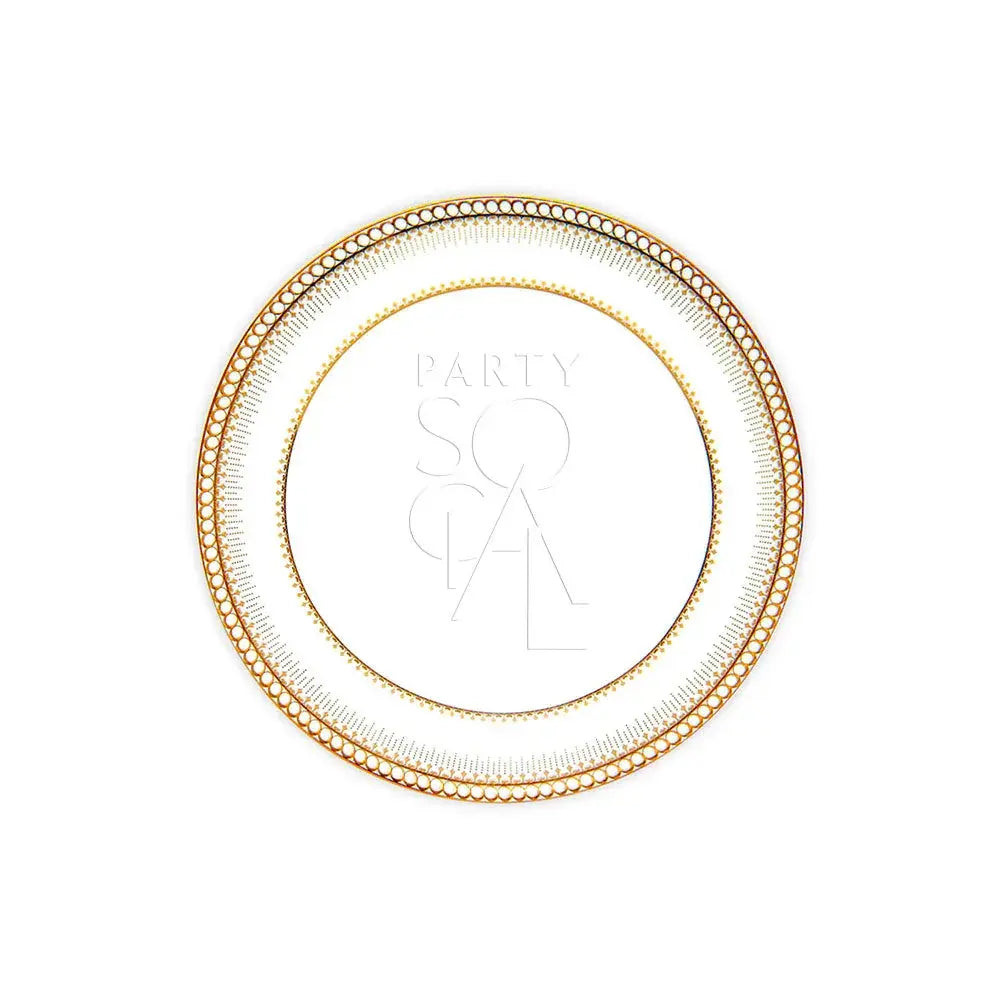 CLASSIC CHINA GOLD PLATES featuring a decorative metallic gold concentric ring with bead motifs, embossed PARTY SOCIAL logo, ideal for premium events and functions.