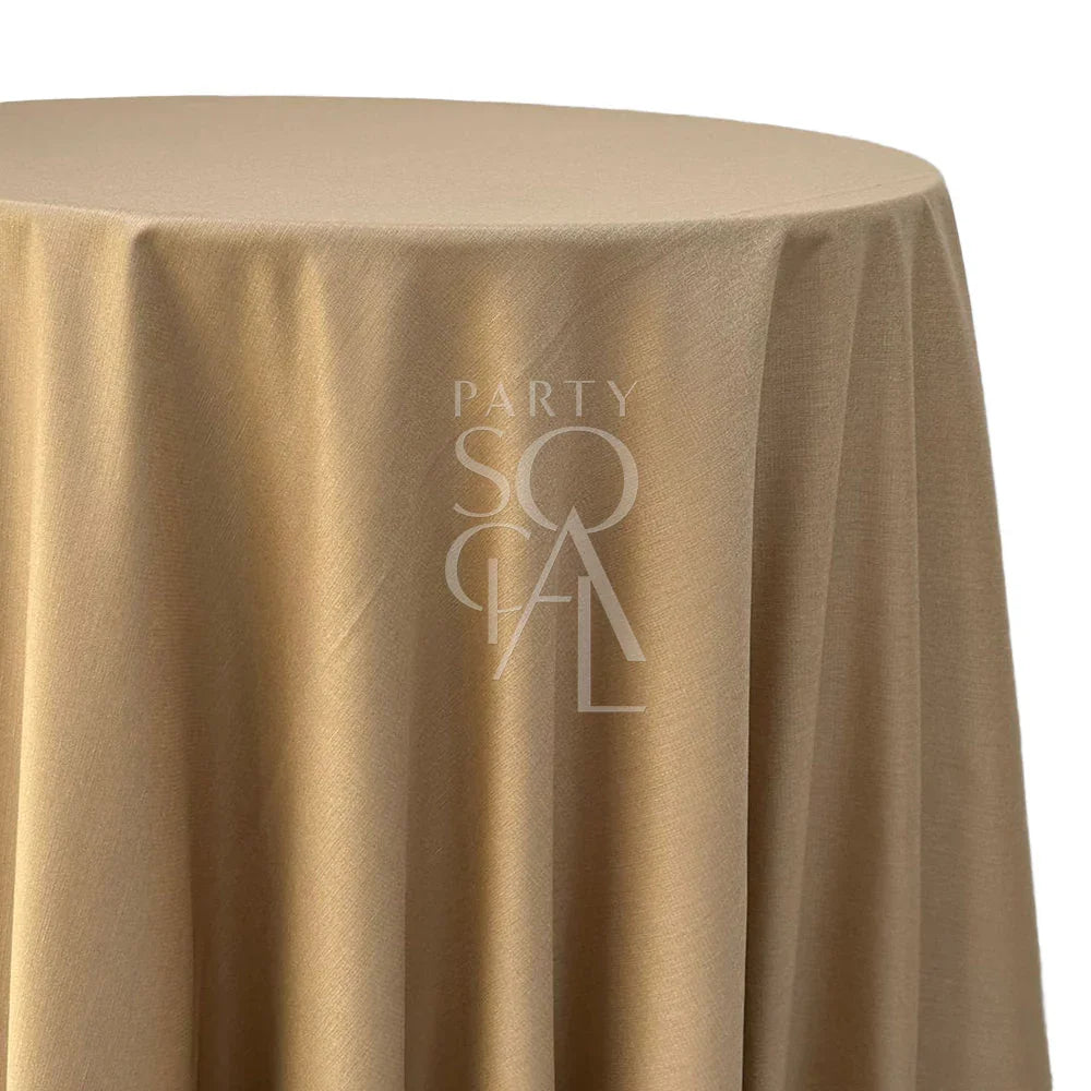 Round tablecloth linen blend draped over a round table, showcasing premium fabric ideal for special occasions, available at Party Social.