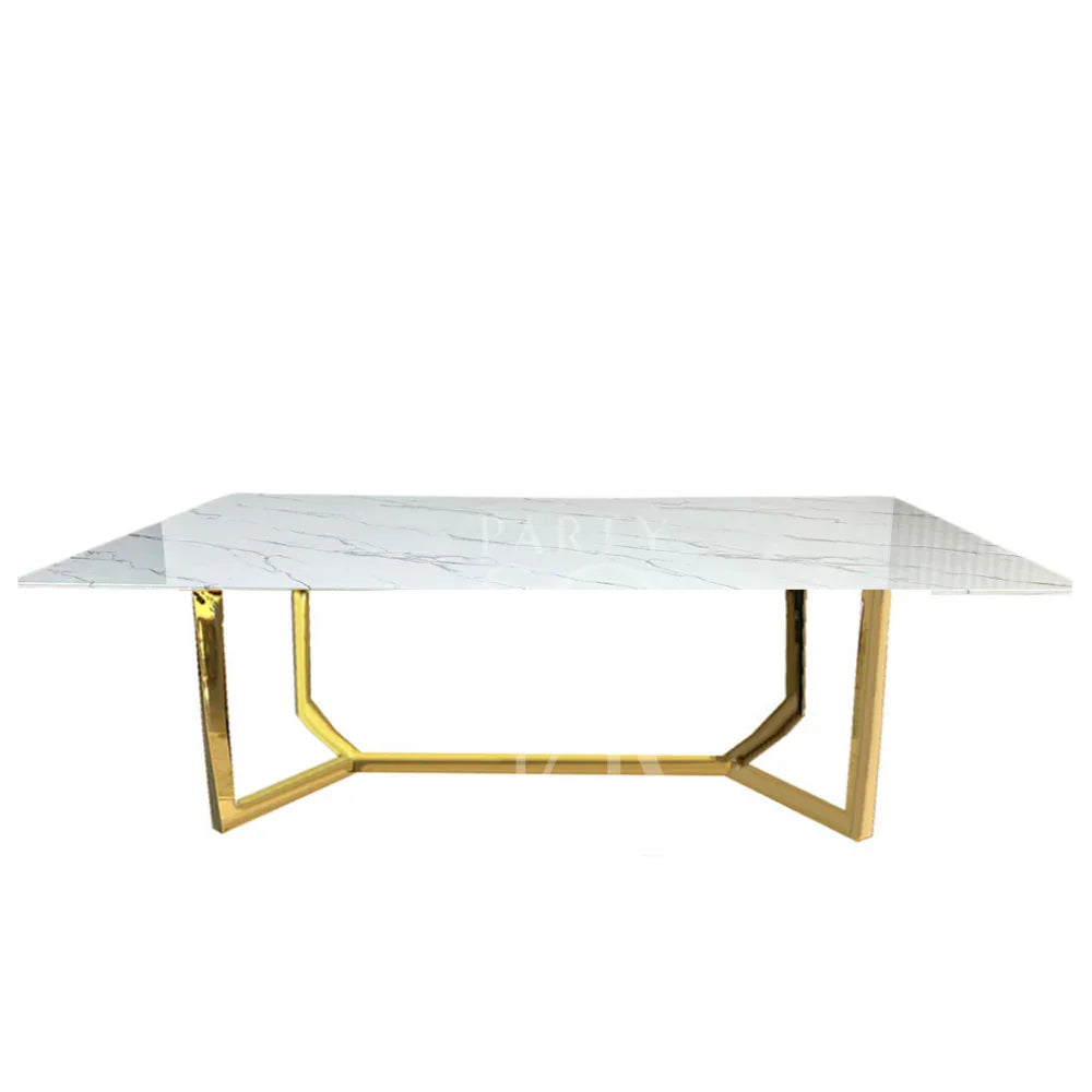 GOLD BASE WITH WHITE MARBLE TOP table, ideal for corporate events and home functions, featuring a sleek design with gold legs.