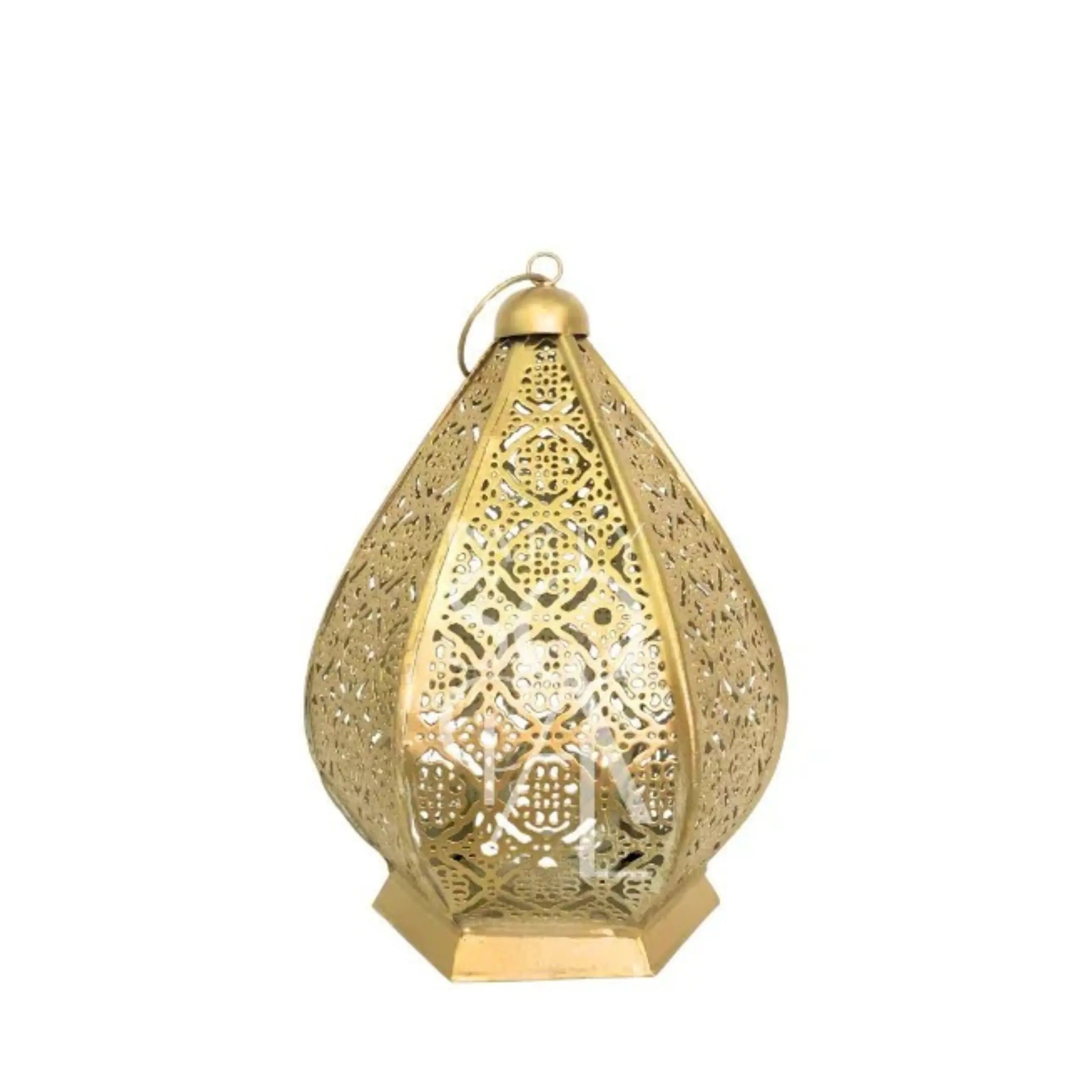 t has a teardrop or onion-shaped body with intricate cutout patterns on each panel, a small loop at the top for hanging, and a hexagonal base. The design feels ornate and Middle Eastern or Moroccan inspired, likely meant for a candle or small light inside so the patterns cast shadows. The background is plain light gray, which makes the lantern stand out clearly.