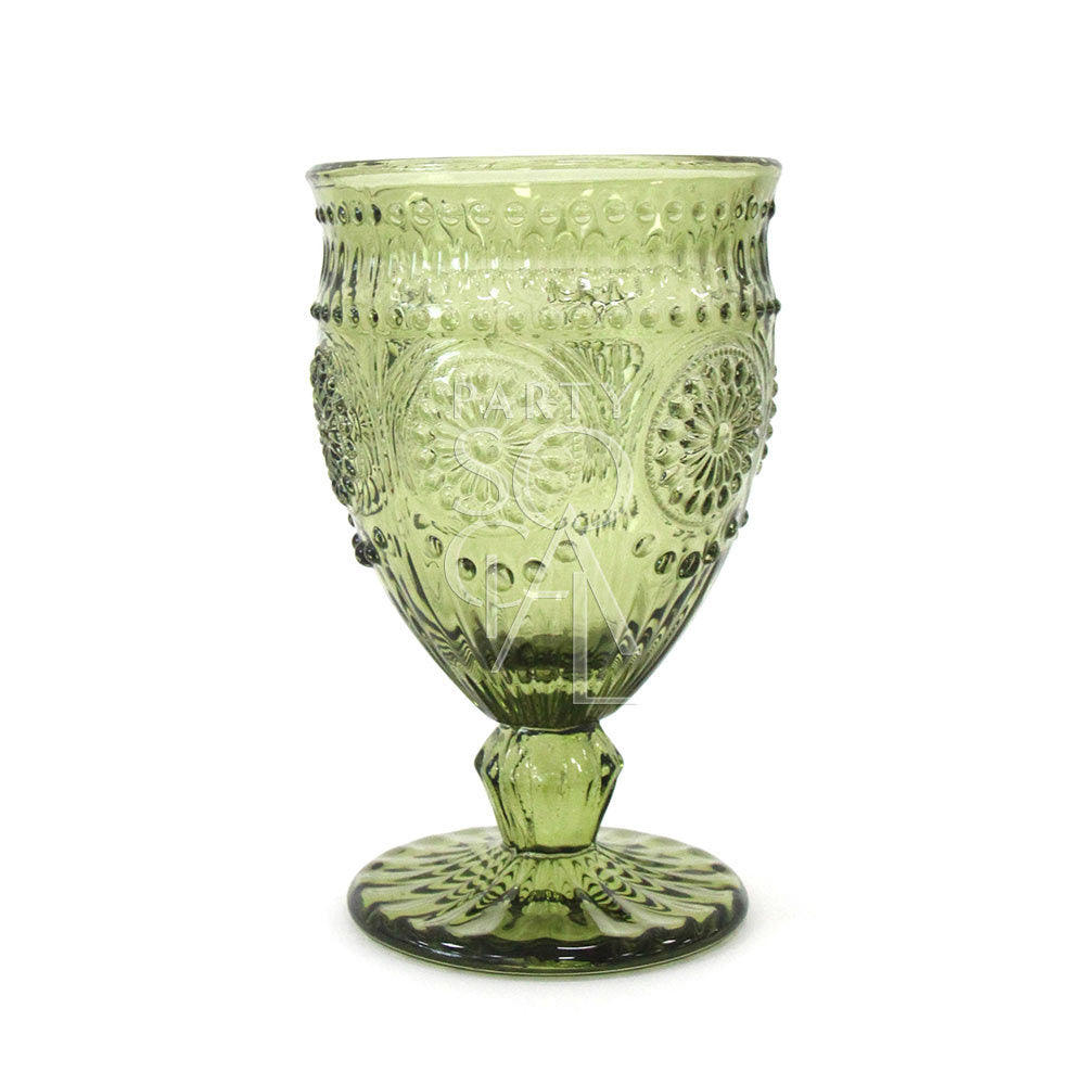 Vintage Floral Goblet, ideal for elegant events, featuring intricate green glass design, perfect for enhancing table settings with a polished, colorful touch.