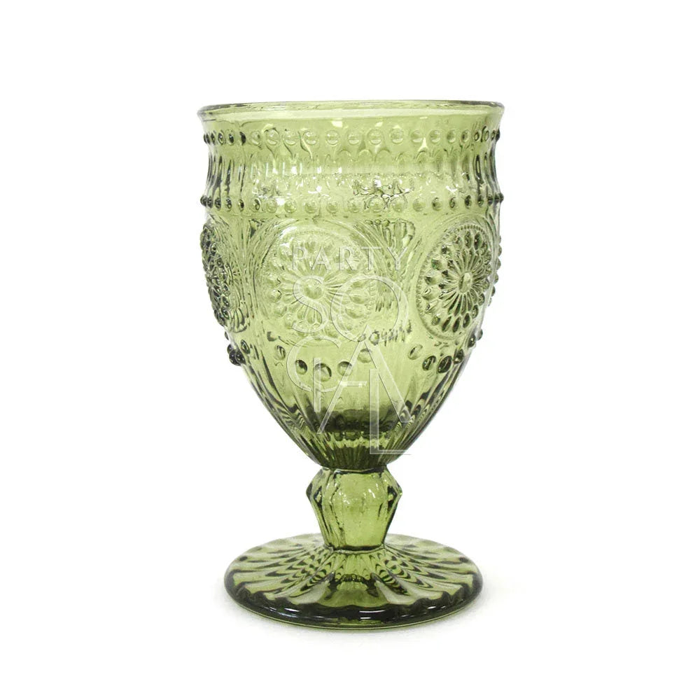 Vintage Floral Goblet, ideal for elegant events, featuring intricate green glass design, perfect for enhancing table settings with a polished, colorful touch.