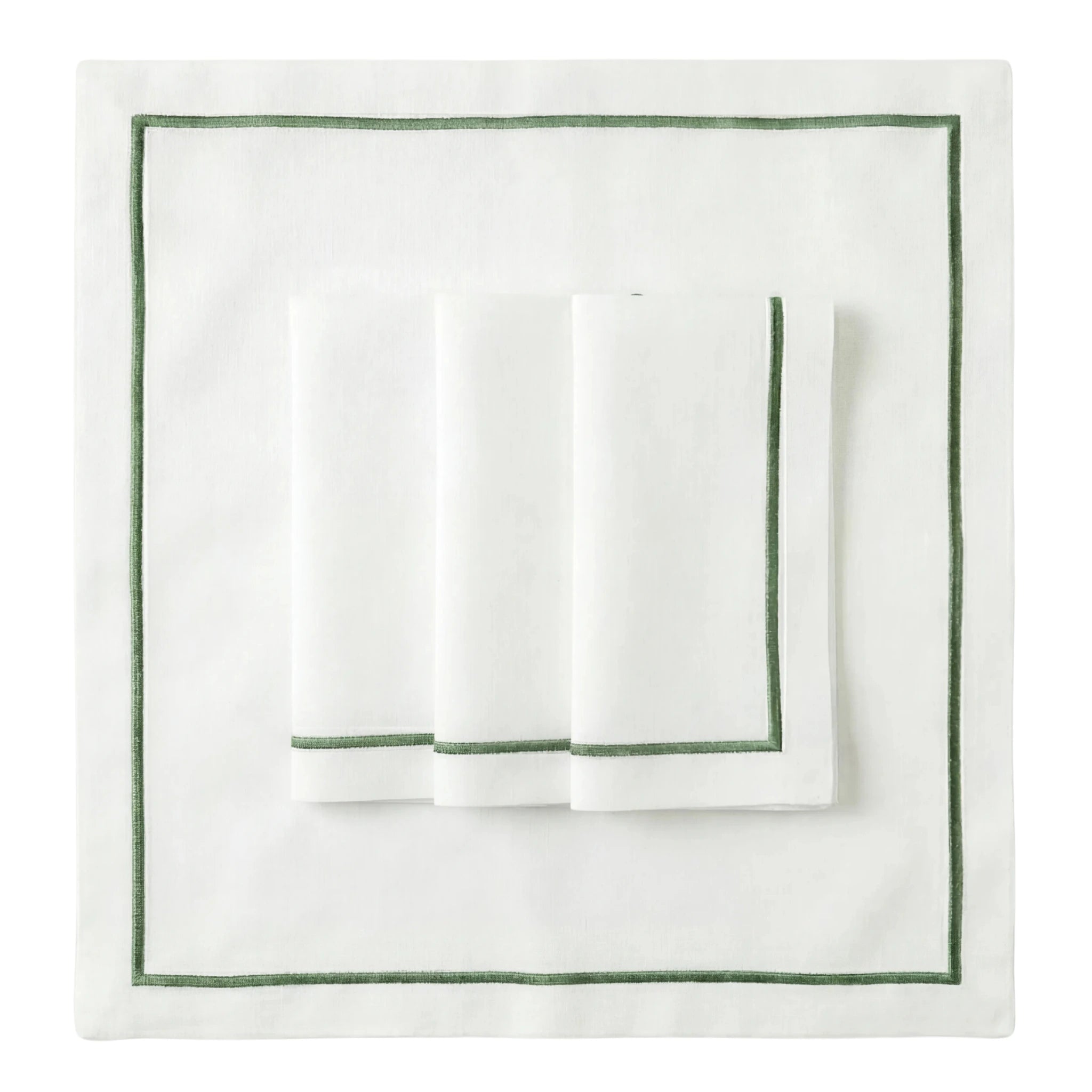 Green Lined Pure Linen Dinner Napkin Set of 4, featuring crisp white linen with narrow green borders, neatly stacked, ideal for elegant dining and events.