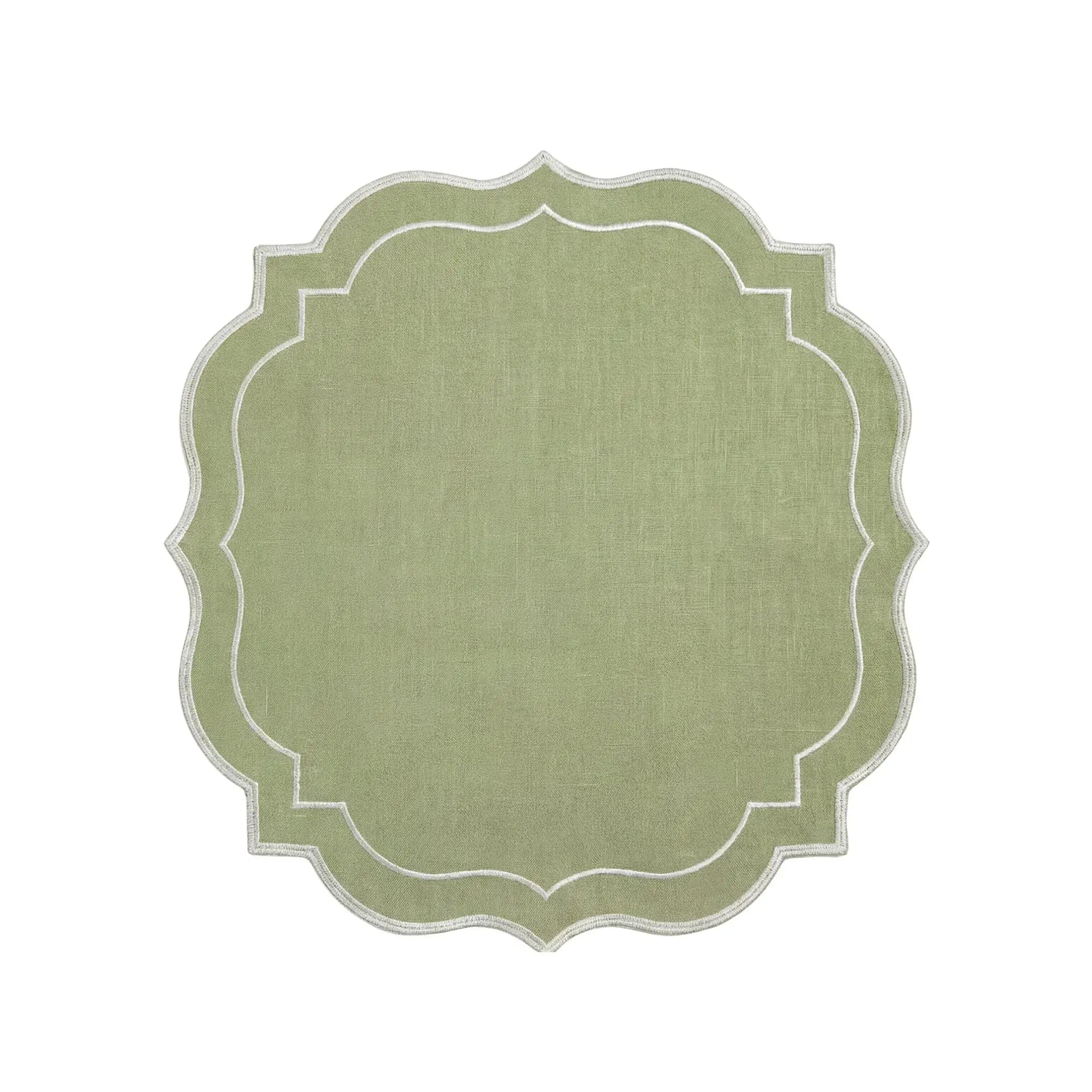 Sage Green Scalloped Linen Napkins - Set of 4, featuring a scalloped edge with white embroidery, ideal for elegant dining and entertaining from Party Social.