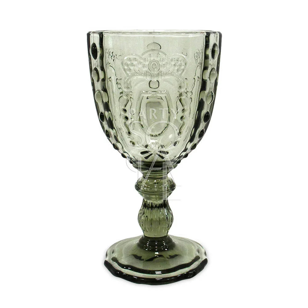 Vintage Crest Goblet Glass with elegant design, perfect for enhancing tablescapes at events or dinner parties, blending formal and rustic styles effortlessly.